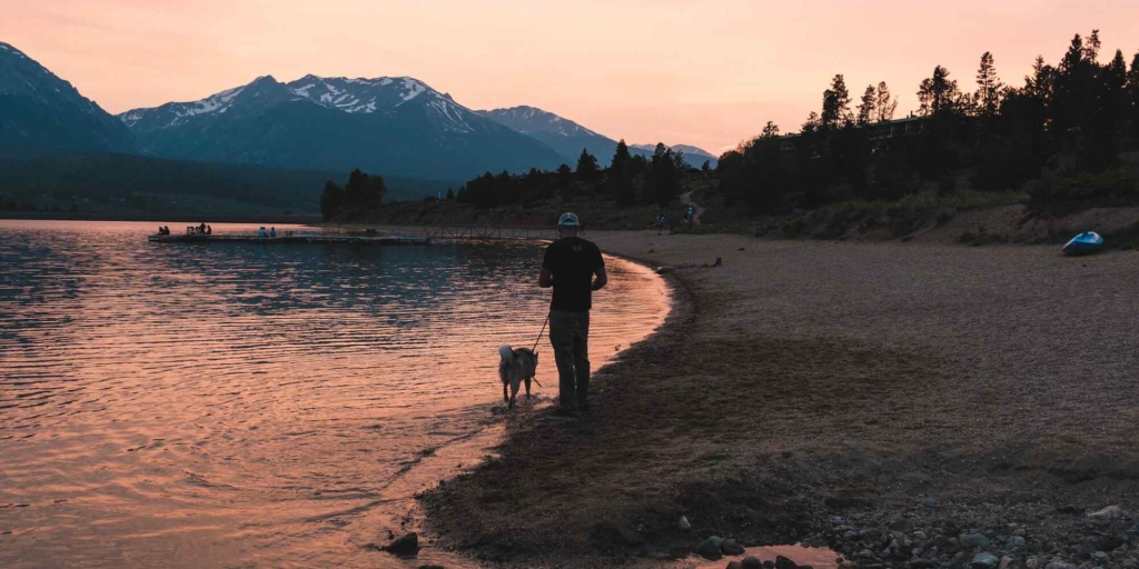 dog and owner walking alongside a lake towards a mountain in the sunset.